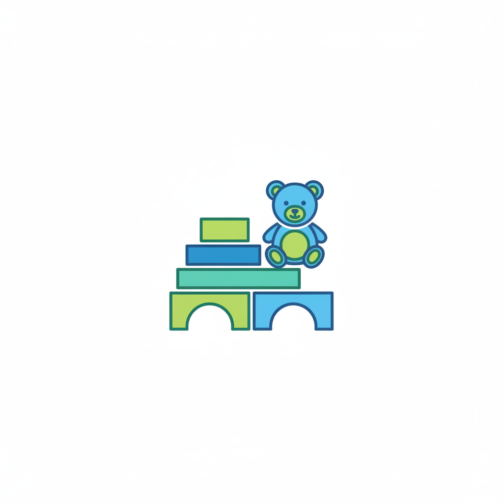 Simple flat vector icon of building blocks and a small teddy bear, in blue and green tones on a plain white background, clean minimal line style, generous padding, no text